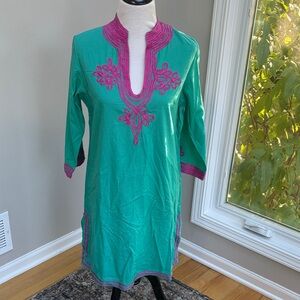 NWT | Gretchen Scott | Green Cotton Tunic Dress with Pink Embroidery, Sz M